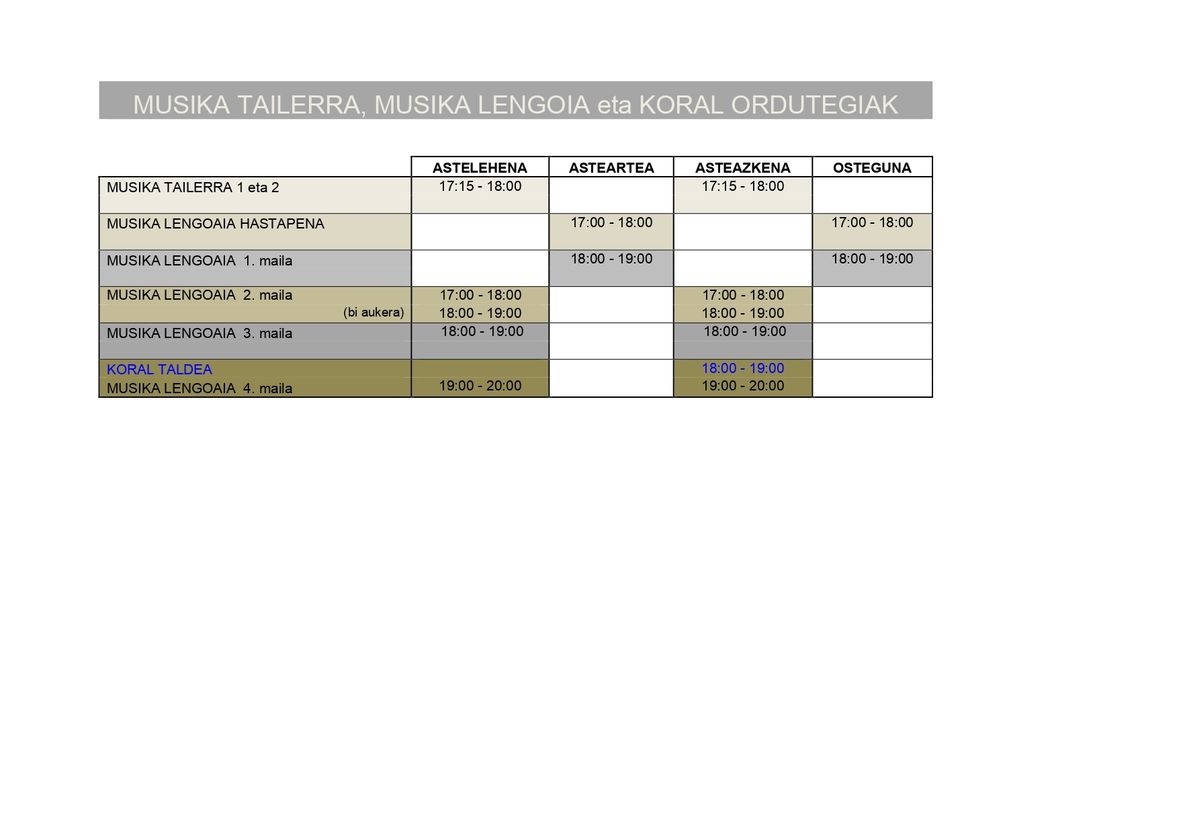 2022-2023 MUSIKA TAILERRA, MUSIKA LENGOAIA ETA KORAL ORDUTEGIAK